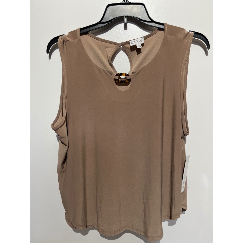 Luxology Tan Sleeveless Blouse XL Keyhole Tortoiseshell Ring Accent NWT